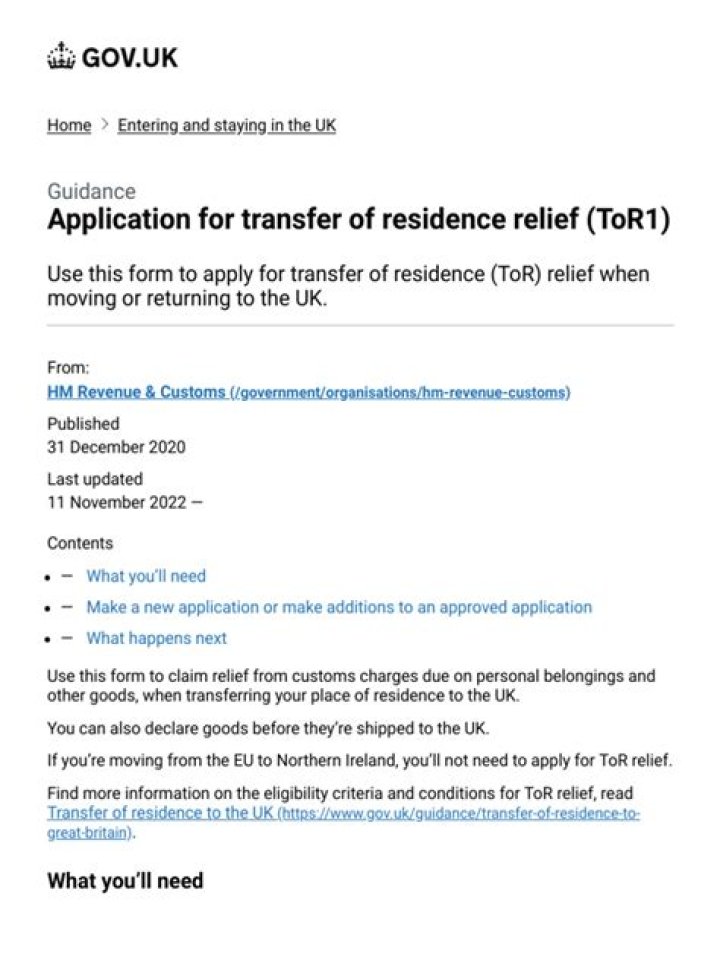 Application for transfer of residence relief (ToR1)